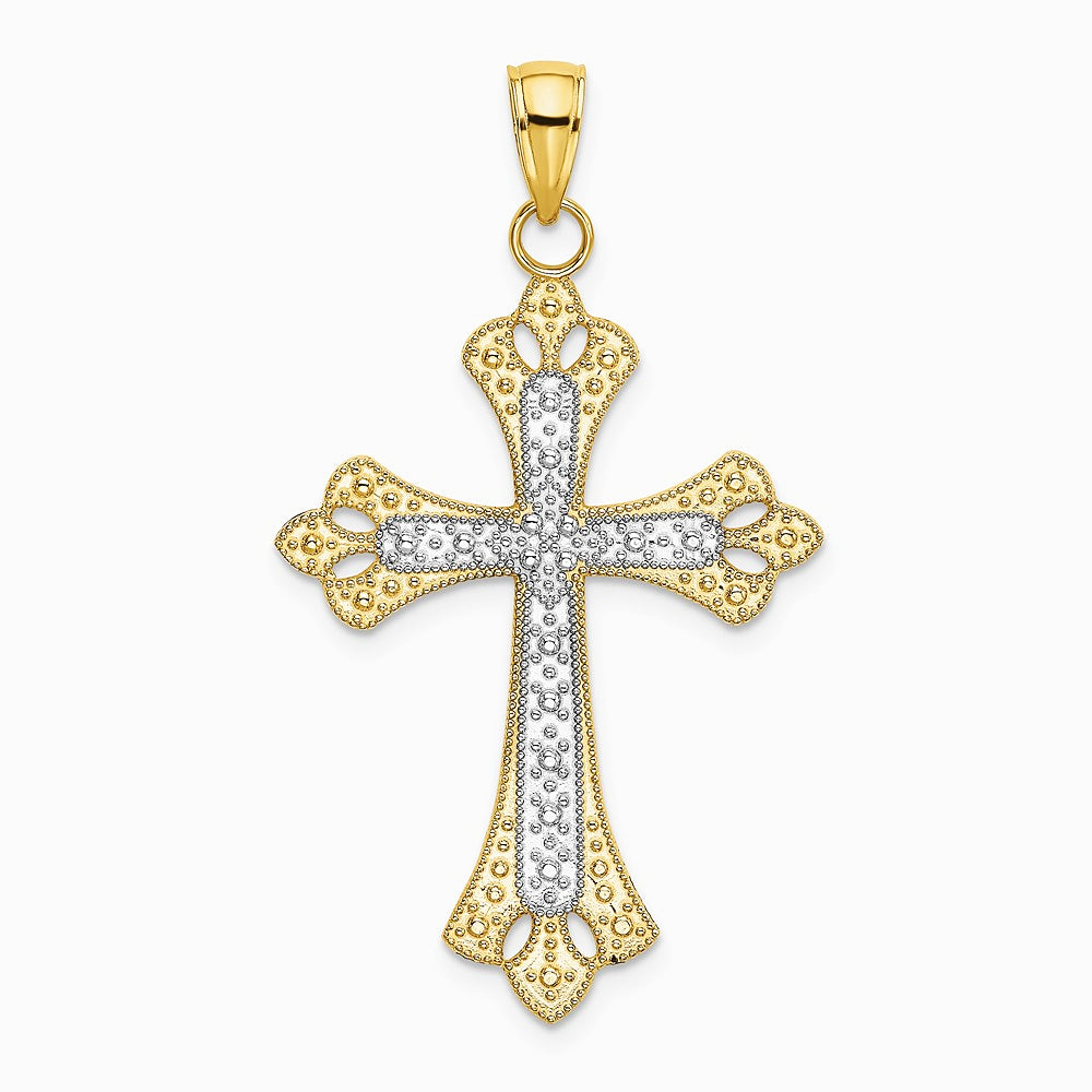 10K / 14K Yellow with Rhodium W/ Rhodium Scalloped Edges Cross Charm - Product Photo