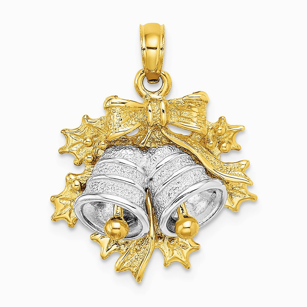 14K Two-Tone 3-D Christmas Bell and Holly Charm
