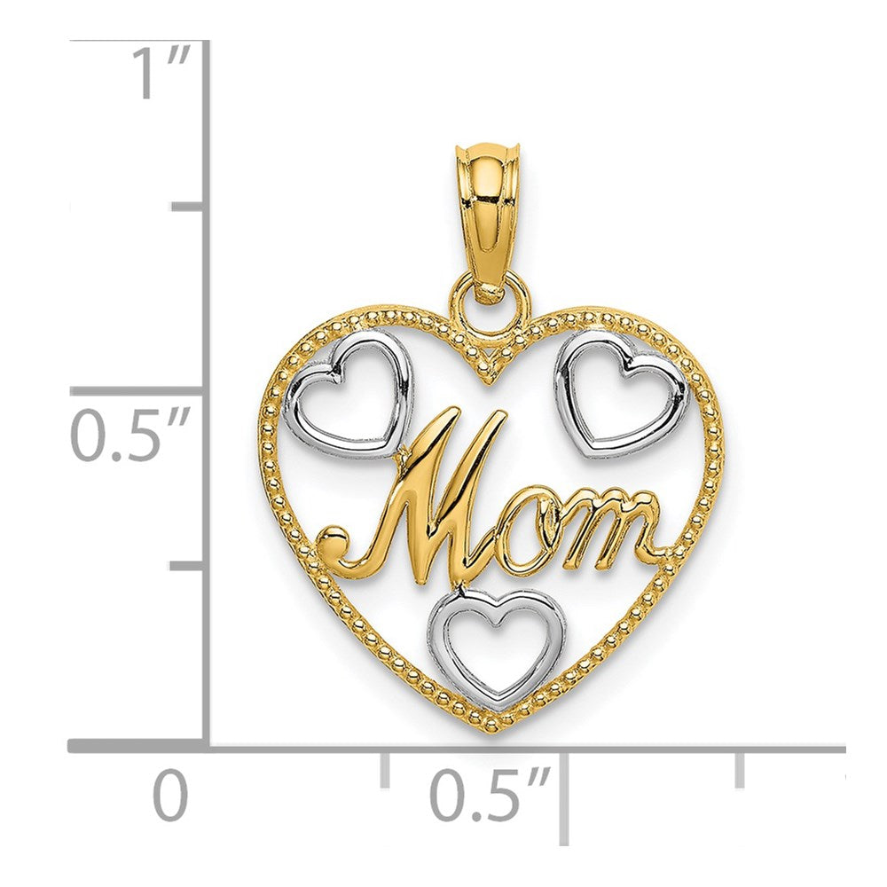 14K Yellow & Rhodium with White Rhodium Textured MOM Heart Charm - Product Photo