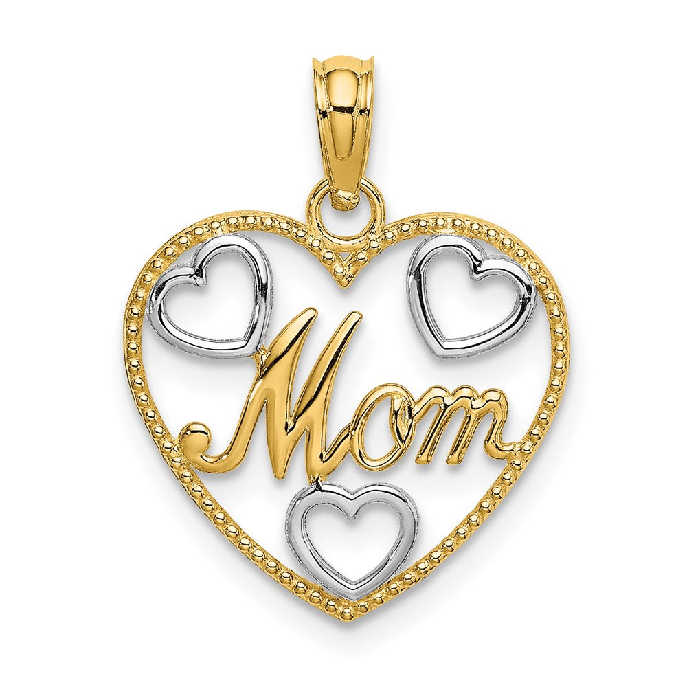 14K Yellow & Rhodium with White Rhodium Textured MOM Heart Charm - Product Photo