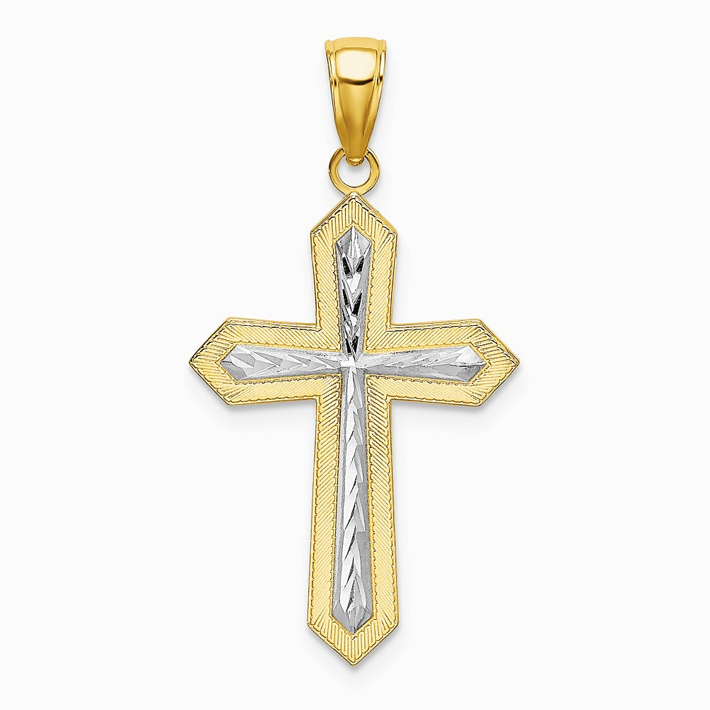 10K / 14K Yellow with Rhodium w/ Rhodium Diamond-Cut Cross Pendant - Product Photo