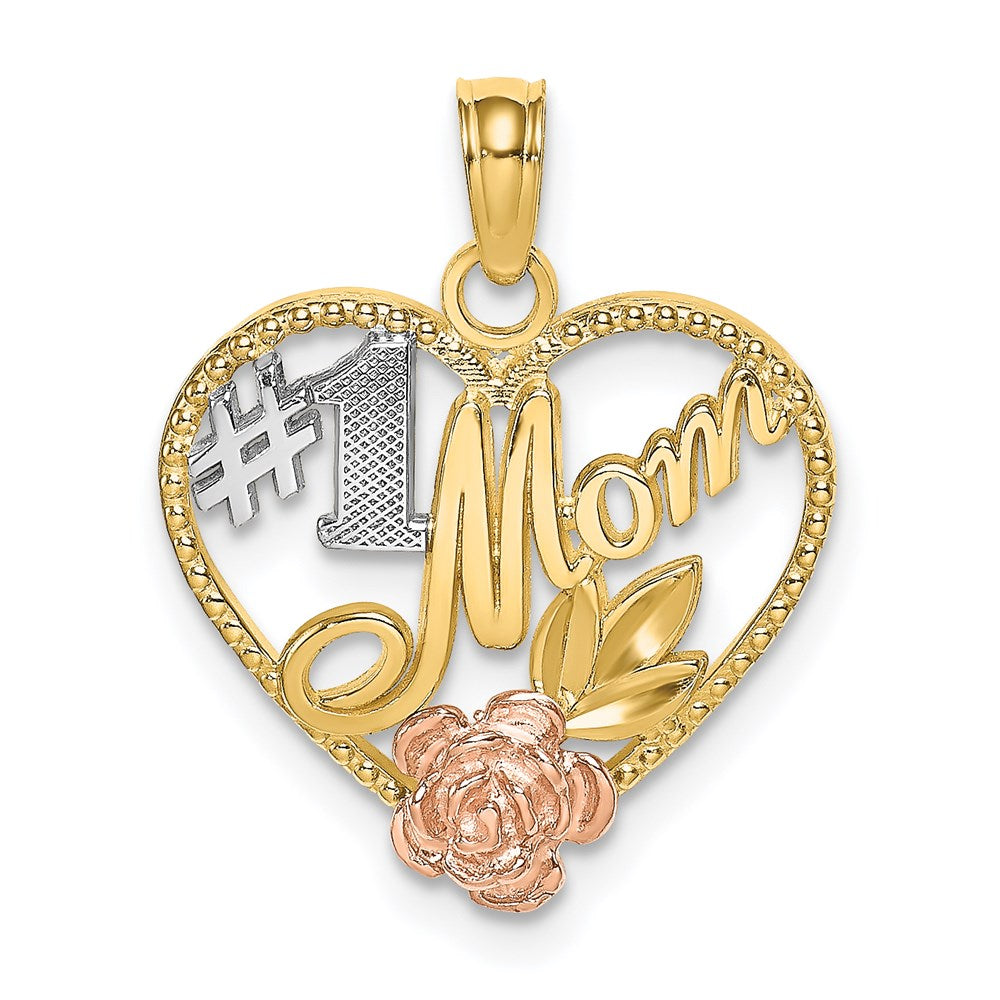 14K Two-tone White Rhodium Textured #1 Mom Heart Charm