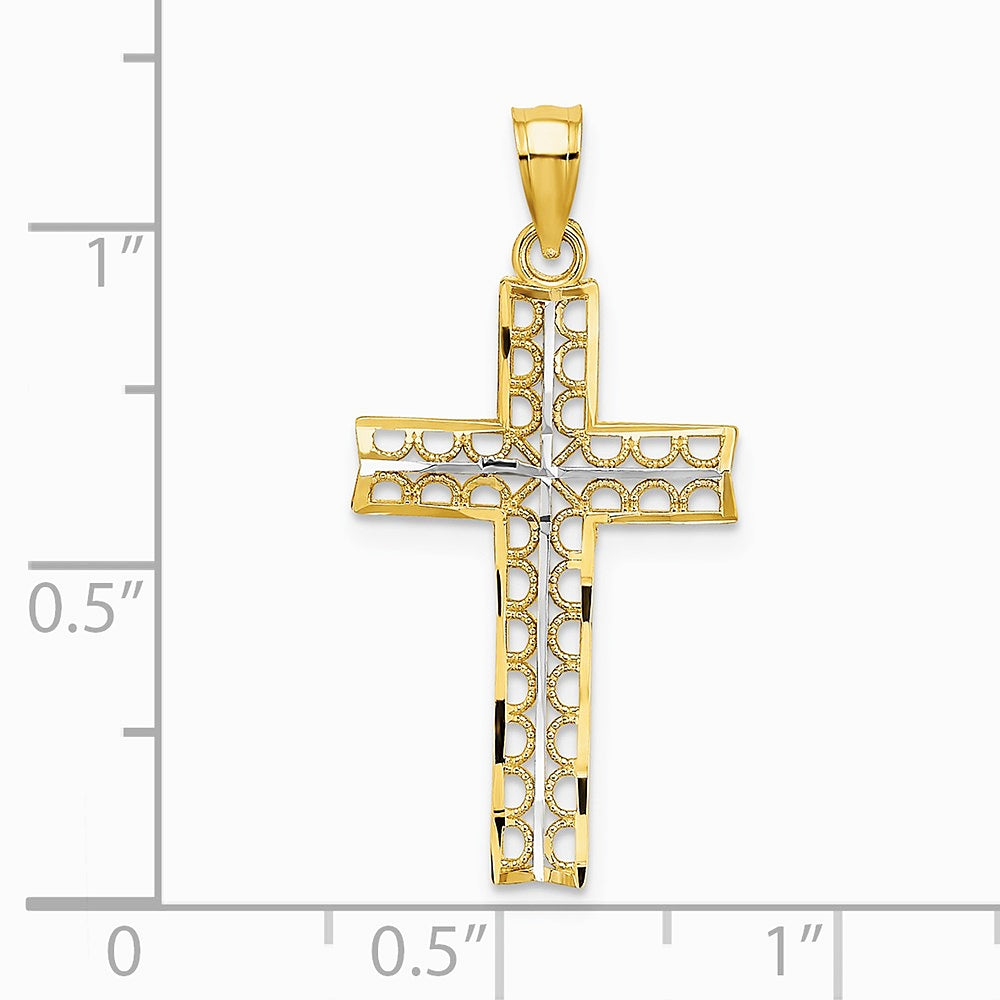 10K / 14K Yellow with Rhodium w/ Rhodium Diamond-Cut Filigree Cross Pendant - Product Photo