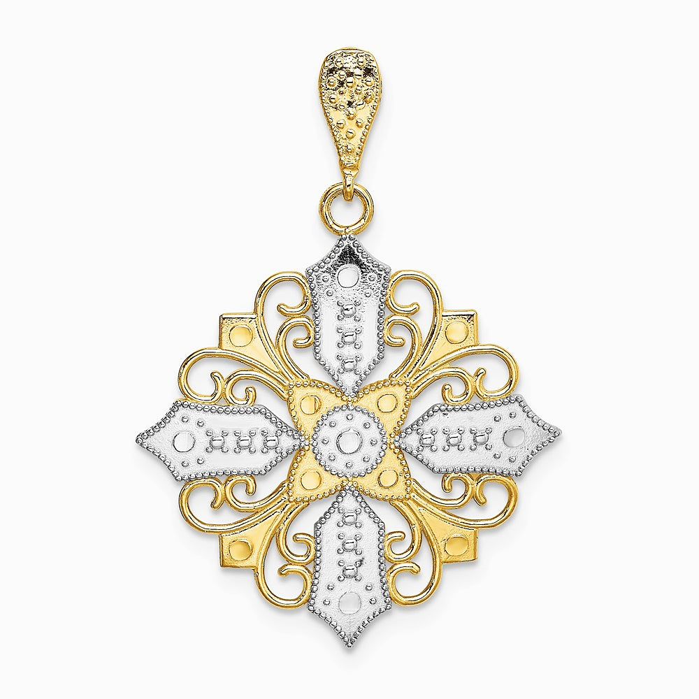 14K Yellow & Rhodium w/ Rhodium Cut-out Cross Medallion Charm - Product Photo