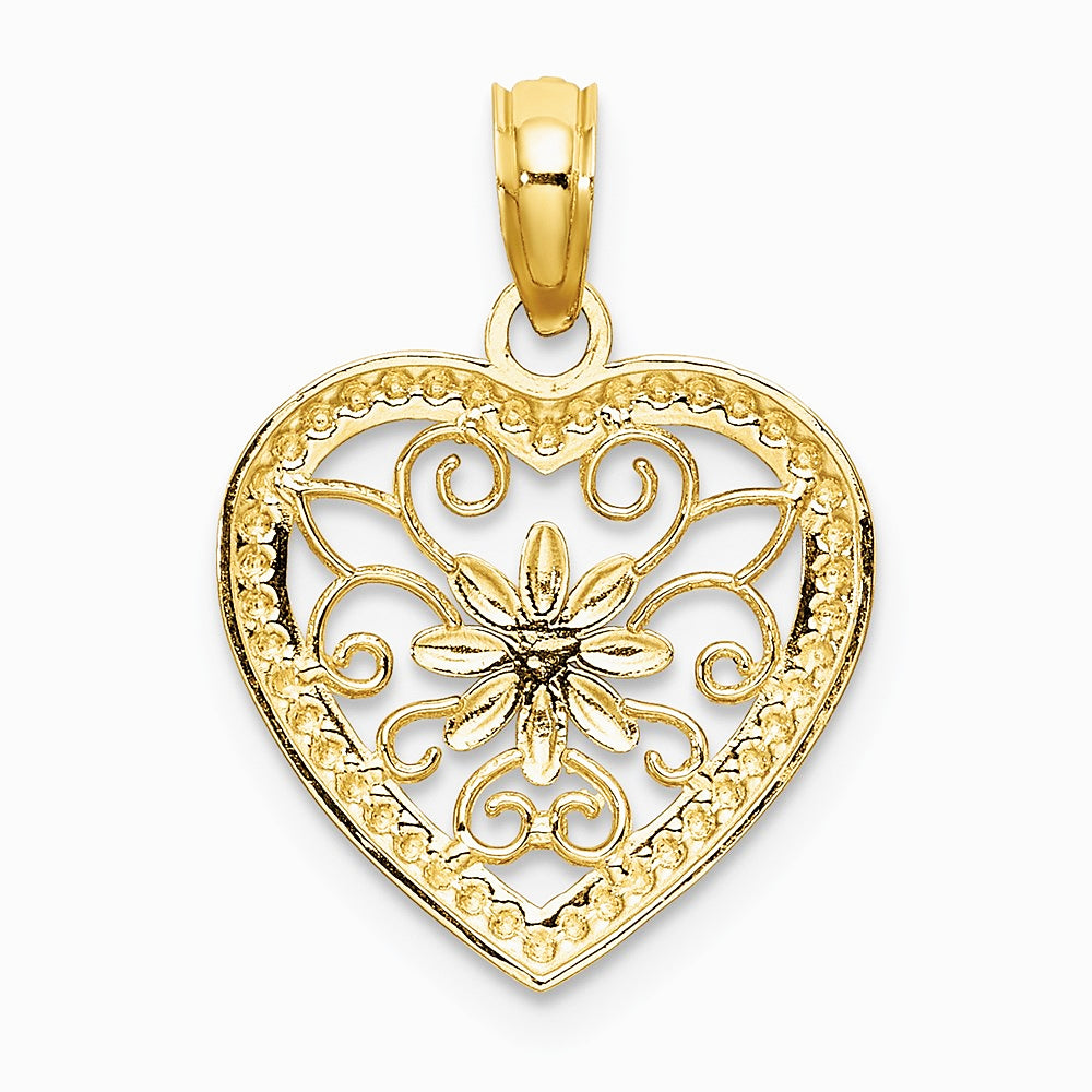 14K Yellow & Rhodium w/ Rhodium Textured Heart Flower Filigree Charm - Product Photo