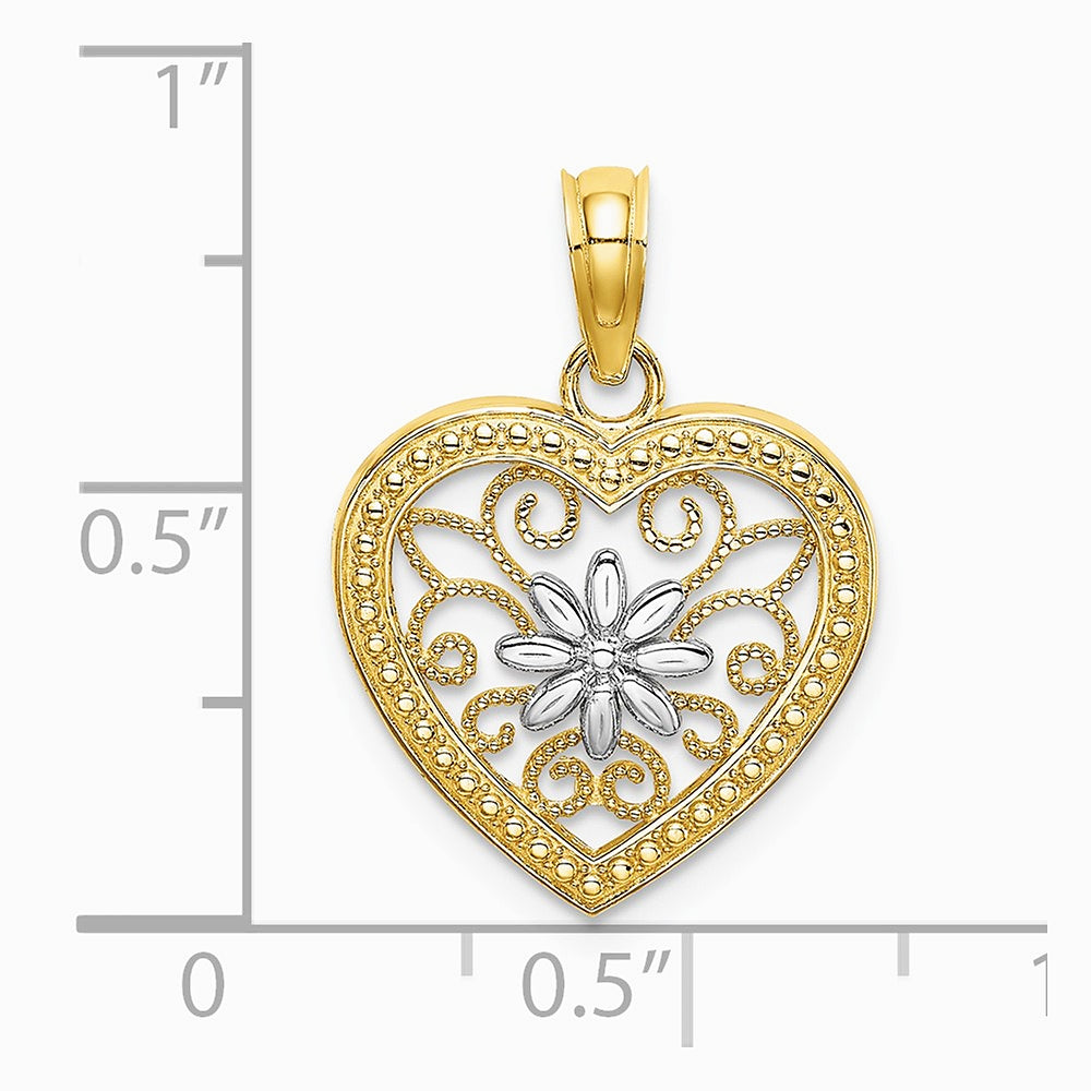 14K Yellow & Rhodium w/ Rhodium Textured Heart Flower Filigree Charm - Product Photo