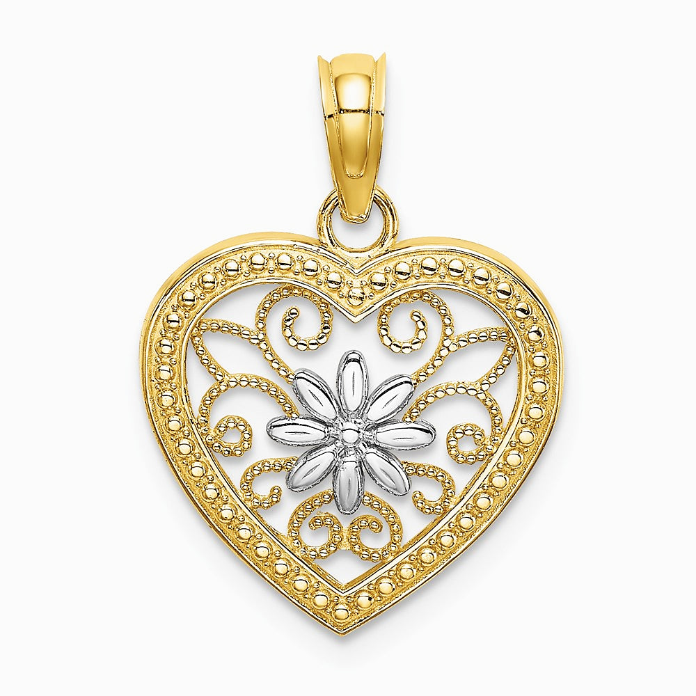 14K Yellow & Rhodium w/ Rhodium Textured Heart Flower Filigree Charm - Product Photo