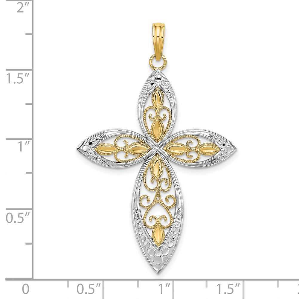 14K Yellow & Rhodium W/ Rhodium Beaded Filigree Cross Charm - Product Photo