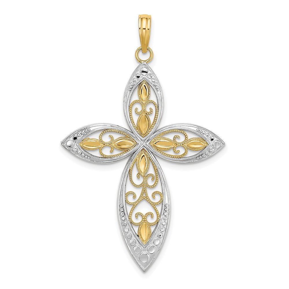 14K Yellow & Rhodium W/ Rhodium Beaded Filigree Cross Charm - Product Photo