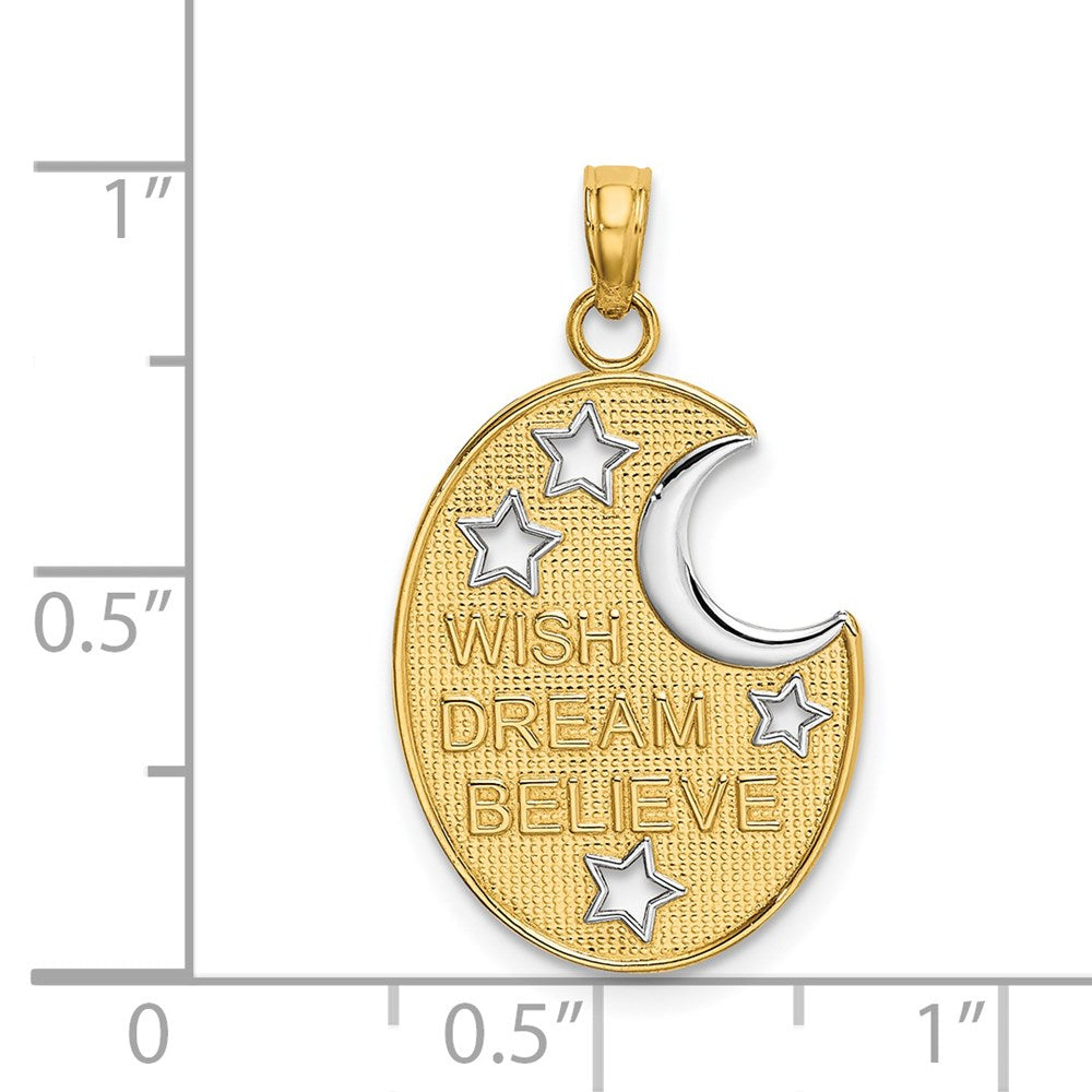 14k w/ Rhodium WISH DREAM BELIEVE Moon and Stars Charm - Product Photo