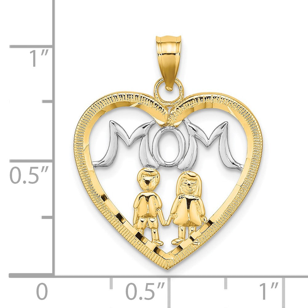 14k w/ Rhodium MOM Heart with 2 Kids Charm - Product Photo