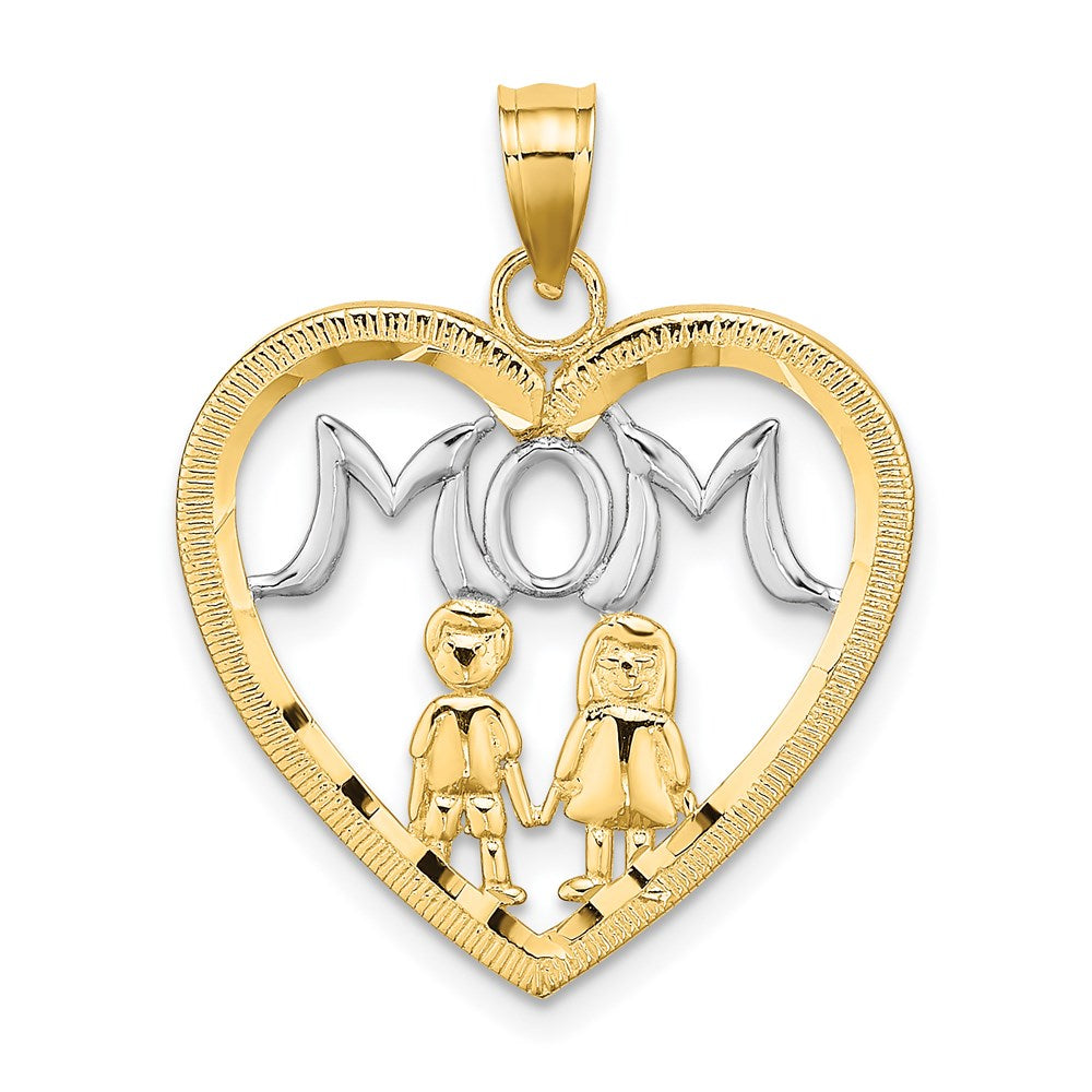 14k w/ Rhodium MOM Heart with 2 Kids Charm - Product Photo