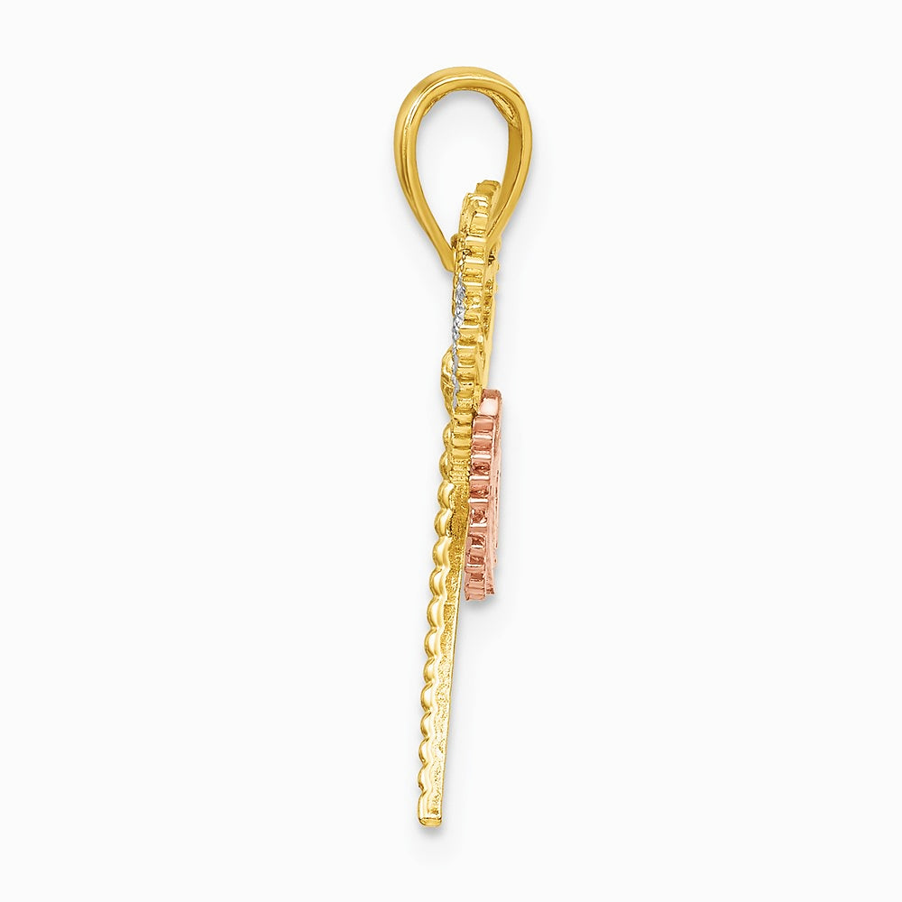 10K / 14K Two-tone Tri-Color Dragonfly with Beaded Diamond-Cut Wings Charm - Product Photo