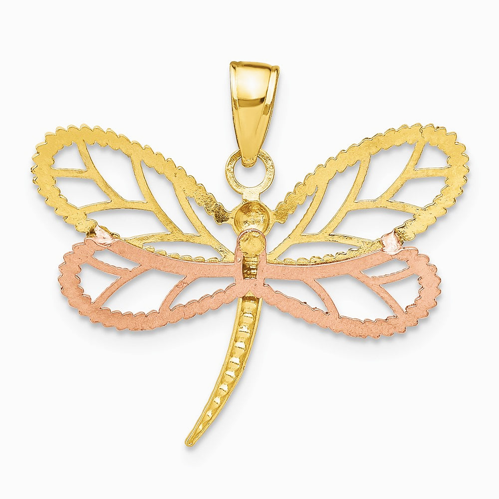 10K / 14K Two-tone Tri-Color Dragonfly with Beaded Diamond-Cut Wings Charm - Product Photo