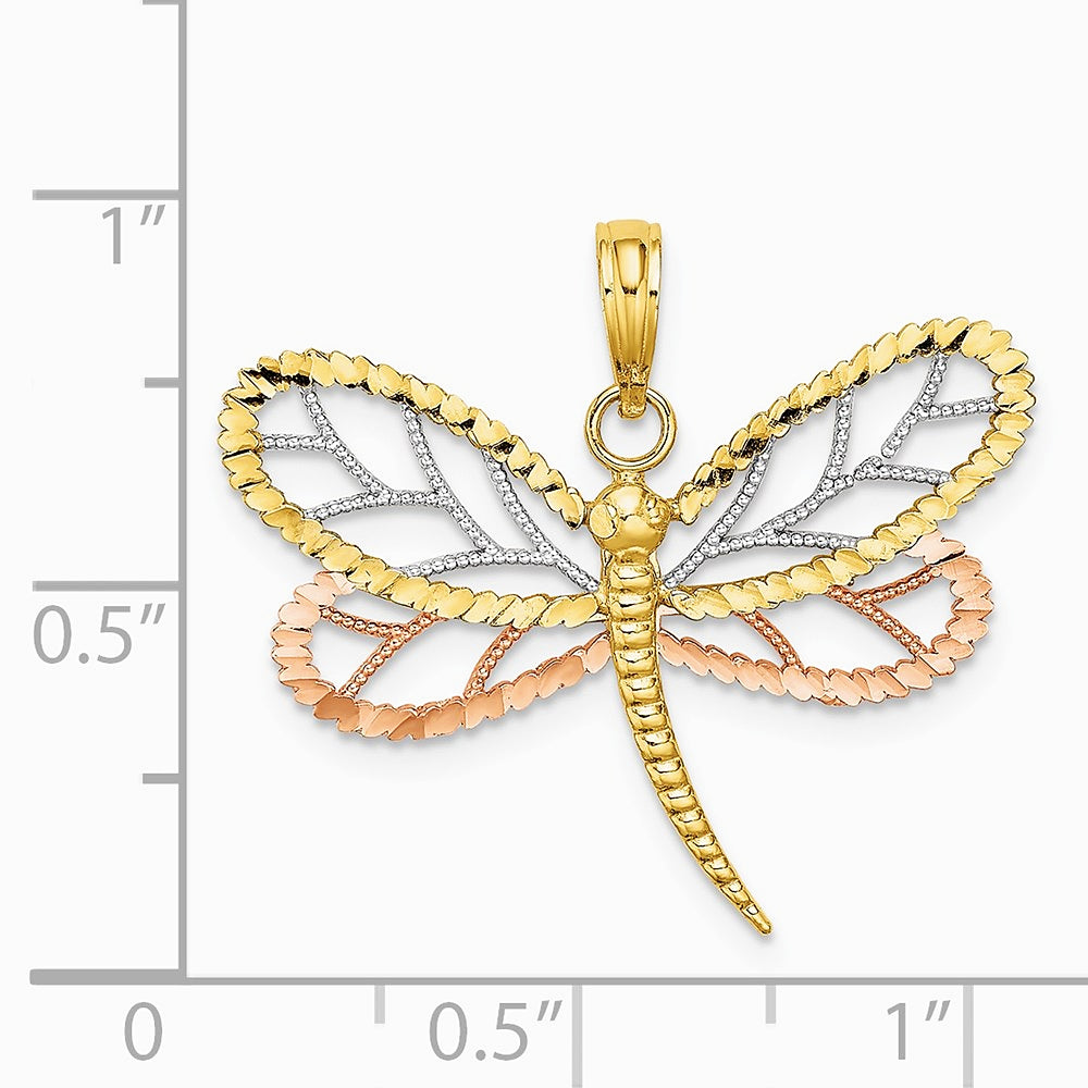 10K / 14K Two-tone Tri-Color Dragonfly with Beaded Diamond-Cut Wings Charm - Product Photo