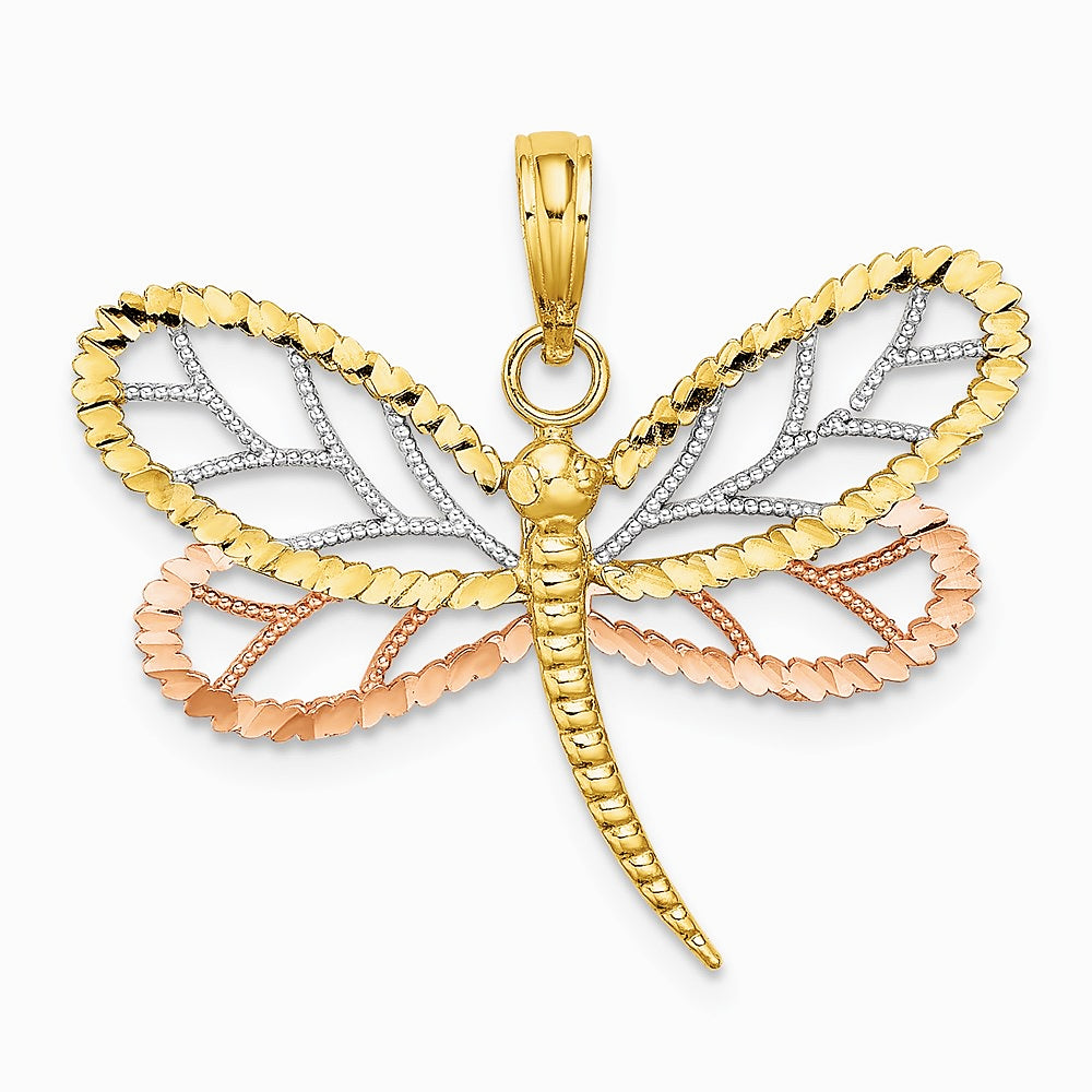 10K / 14K Two-tone Tri-Color Dragonfly with Beaded Diamond-Cut Wings Charm - Product Photo