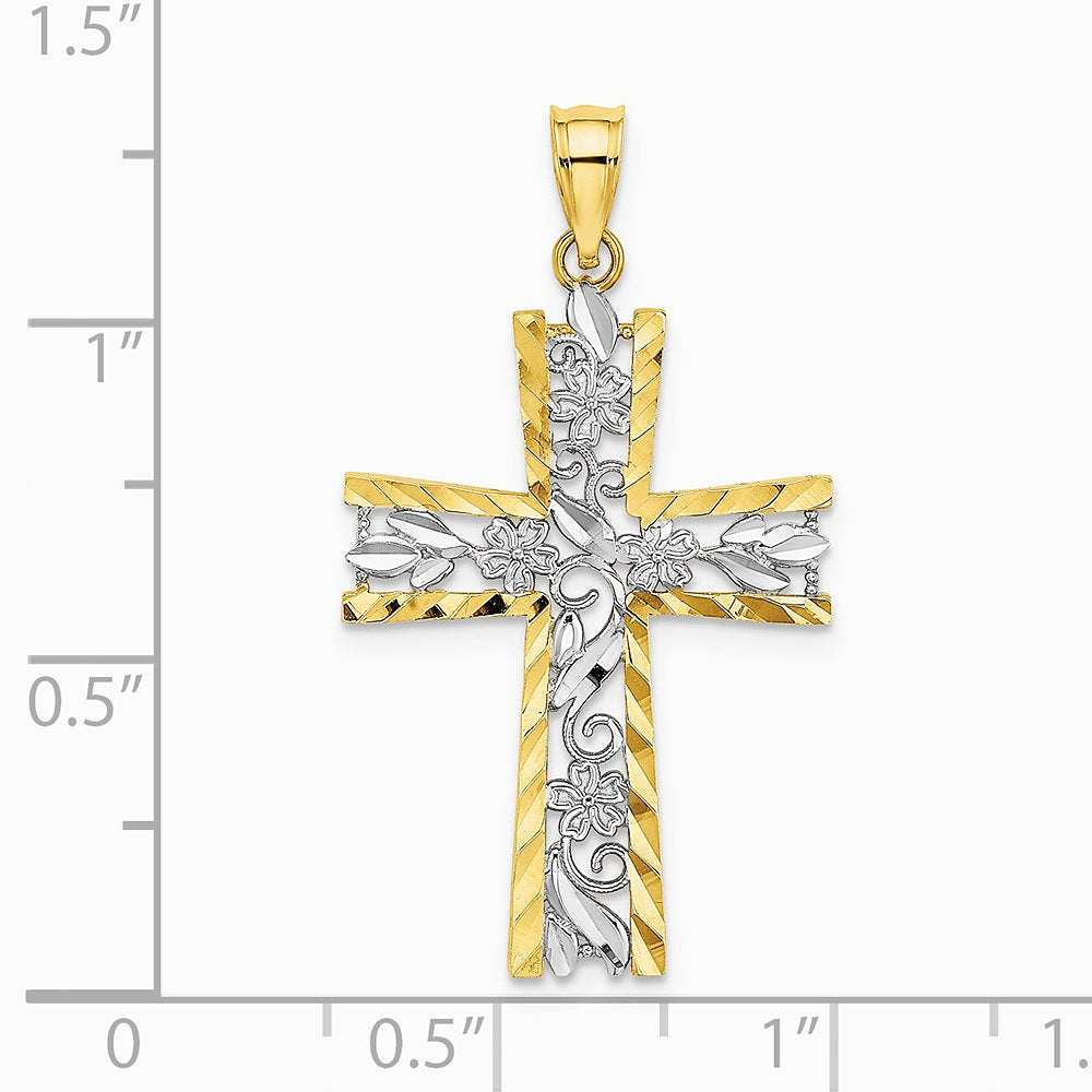 10K / 14K Yellow with RH W/ RH and Diamond-Cut Flower Design Cross Charm - Product Photo