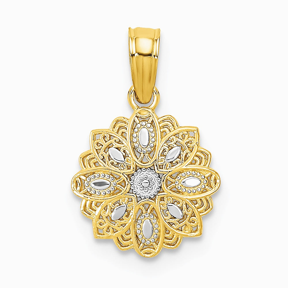 14K Yellow & Rhodium with Rhodium and Diamond-Cut Mini Filigree Flower Charm - Product Photo