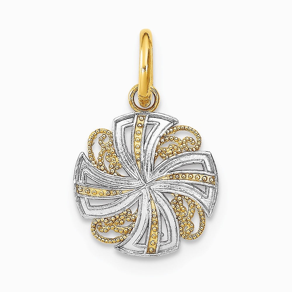 14K Yellow & Rhodium with Rhodium and Diamond-Cut Mini Pinwheel Medallion Charm