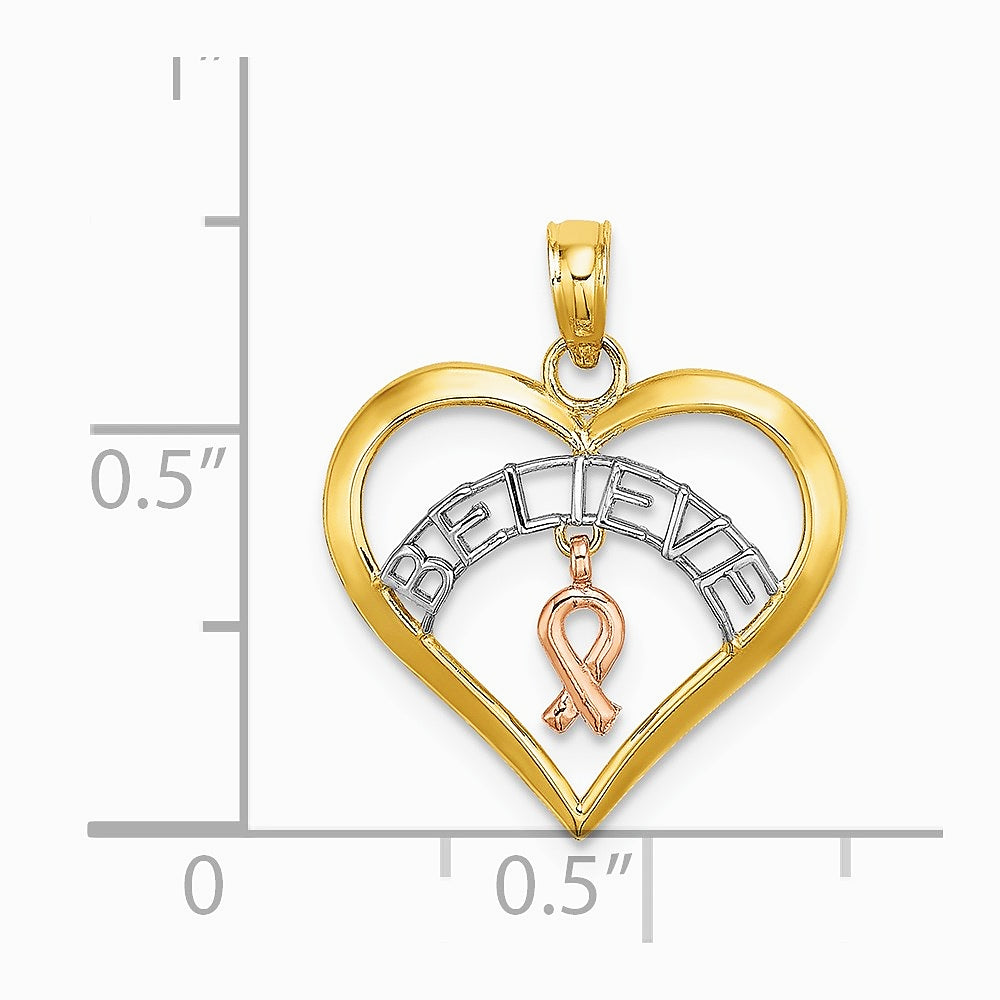 10K / 14K Two-tone with White Rhodium BELIEVE in Heart w/ Breast Cancer Ribbon - Product Photo
