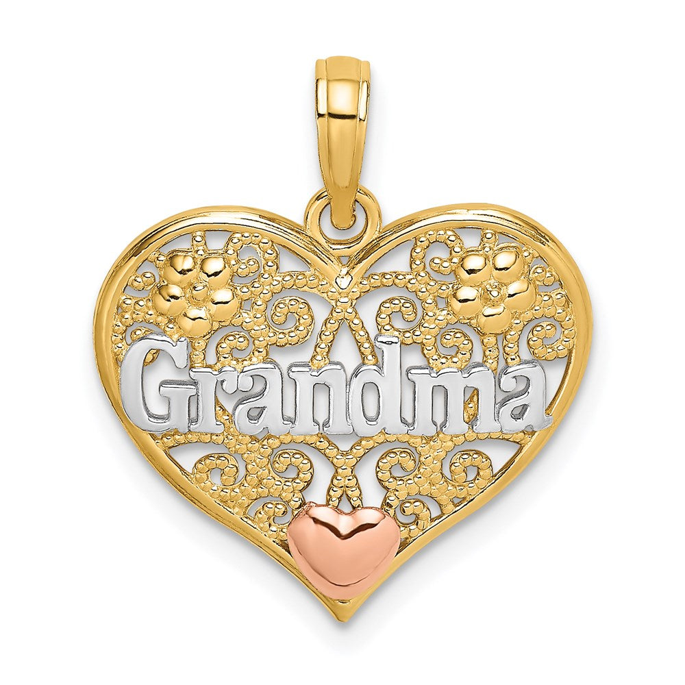 14k Two-tone White Rhodium GRANDMA In Filigree Heart Charm - Product Photo