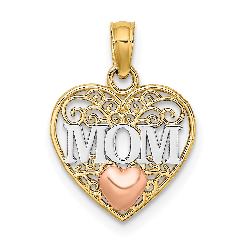 14K Two-tone w/White Rhodium Polished MOM  in Heart Pendant - Product Photo