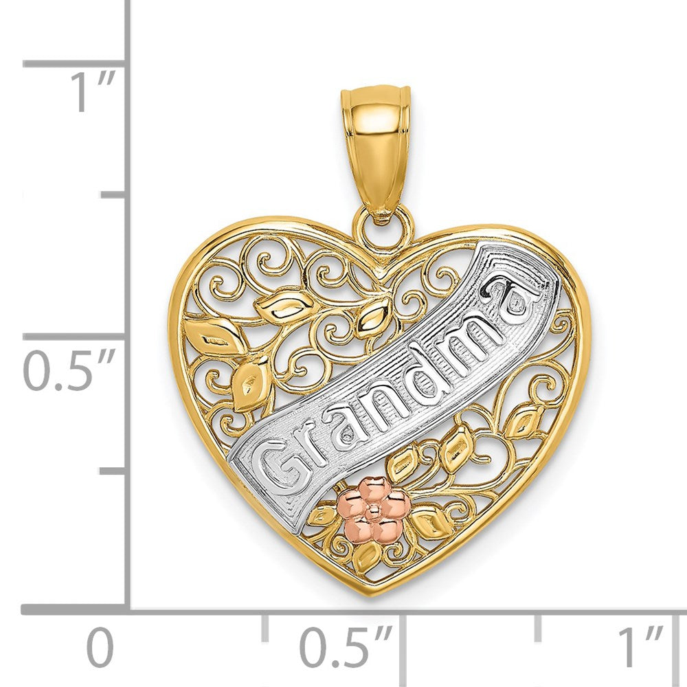 14k Two-tone White Rhodium GRANDMA In Filigree Heart w/ Flowers Charm - Product Photo