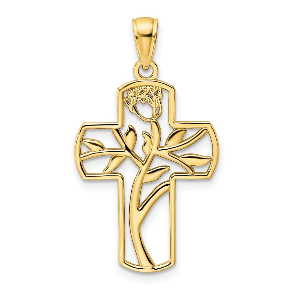 14K Yellow Gold Polished Flower Design Cross Pendant - Product Photo