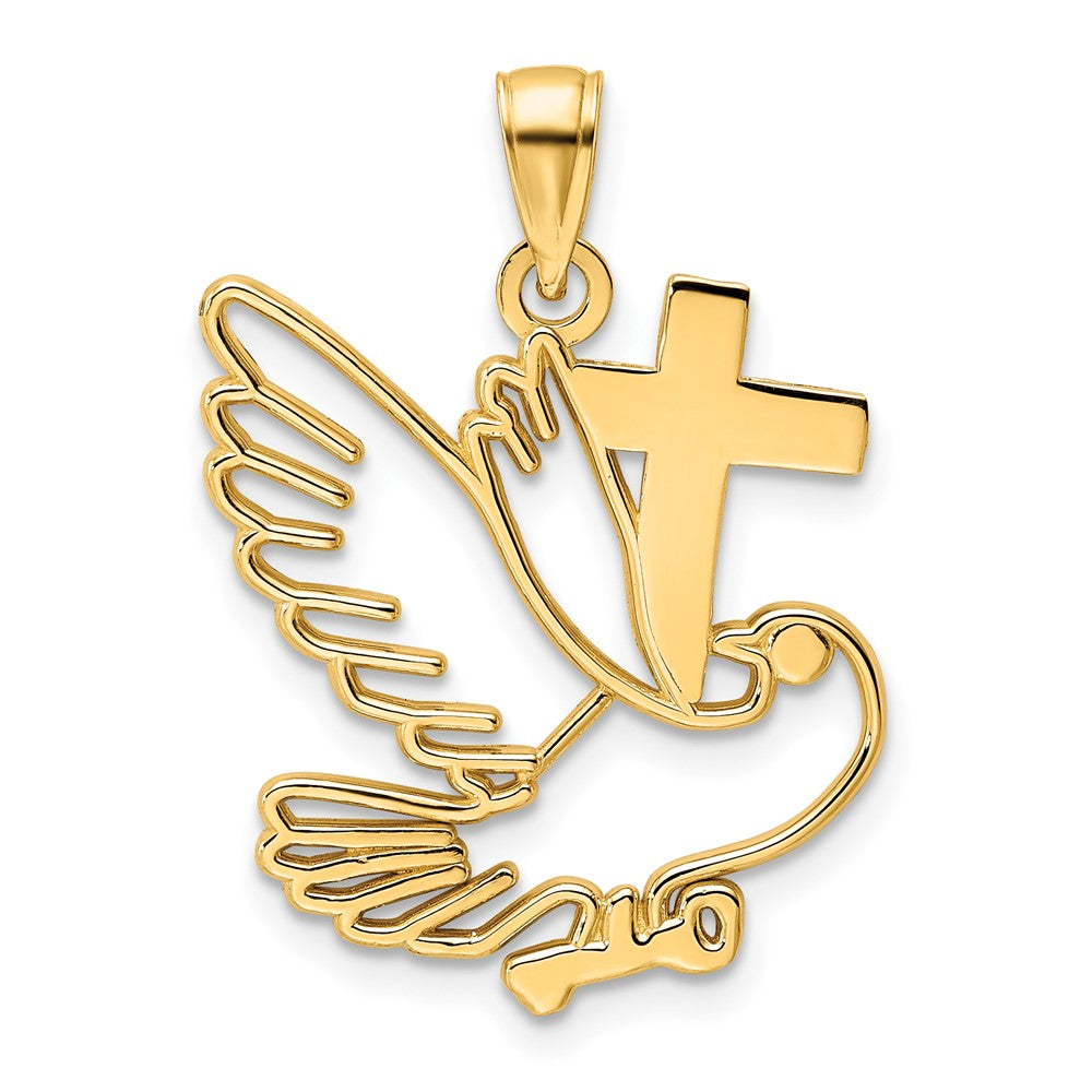 14K Yellow Gold Polished Dove and Cross Pendant - Product Photo