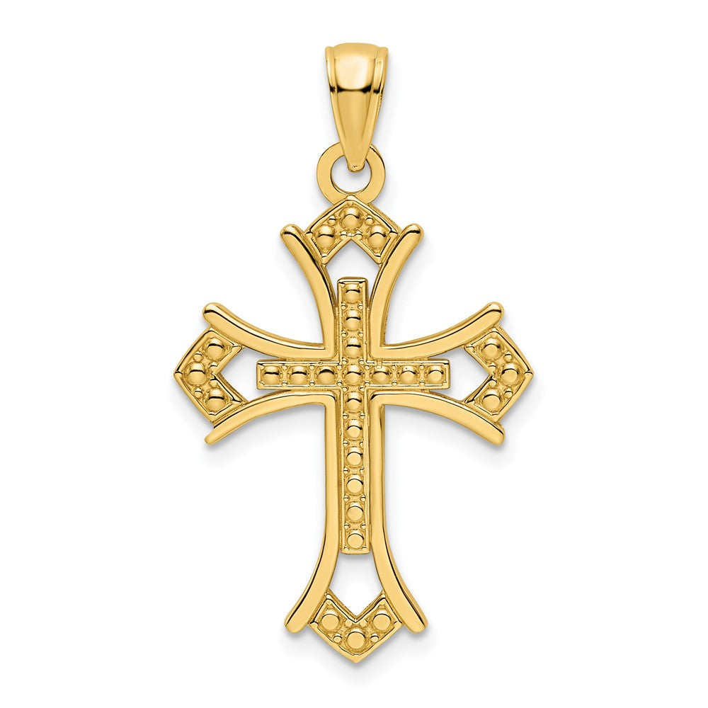14K Yellow Gold Polished Beaded Cross Pendant - Product Photo
