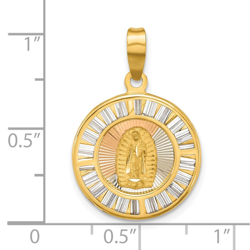 14K Yellow & Rhodium Rose and White-plated Pol. CZ Baguettes Mary Round Pendant - Product Photo