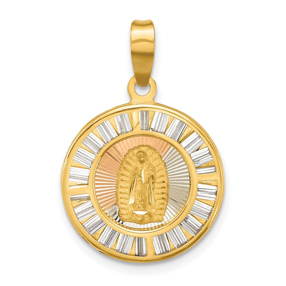 14K Yellow & Rhodium Rose and White-plated Pol. CZ Baguettes Mary Round Pendant - Product Photo