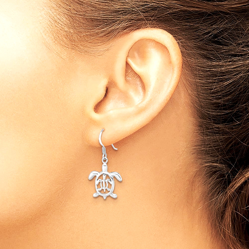 Sterling Silver Rhodium-plated Cut Out Mother & Baby Turtle Dangle Earring - Product Photo