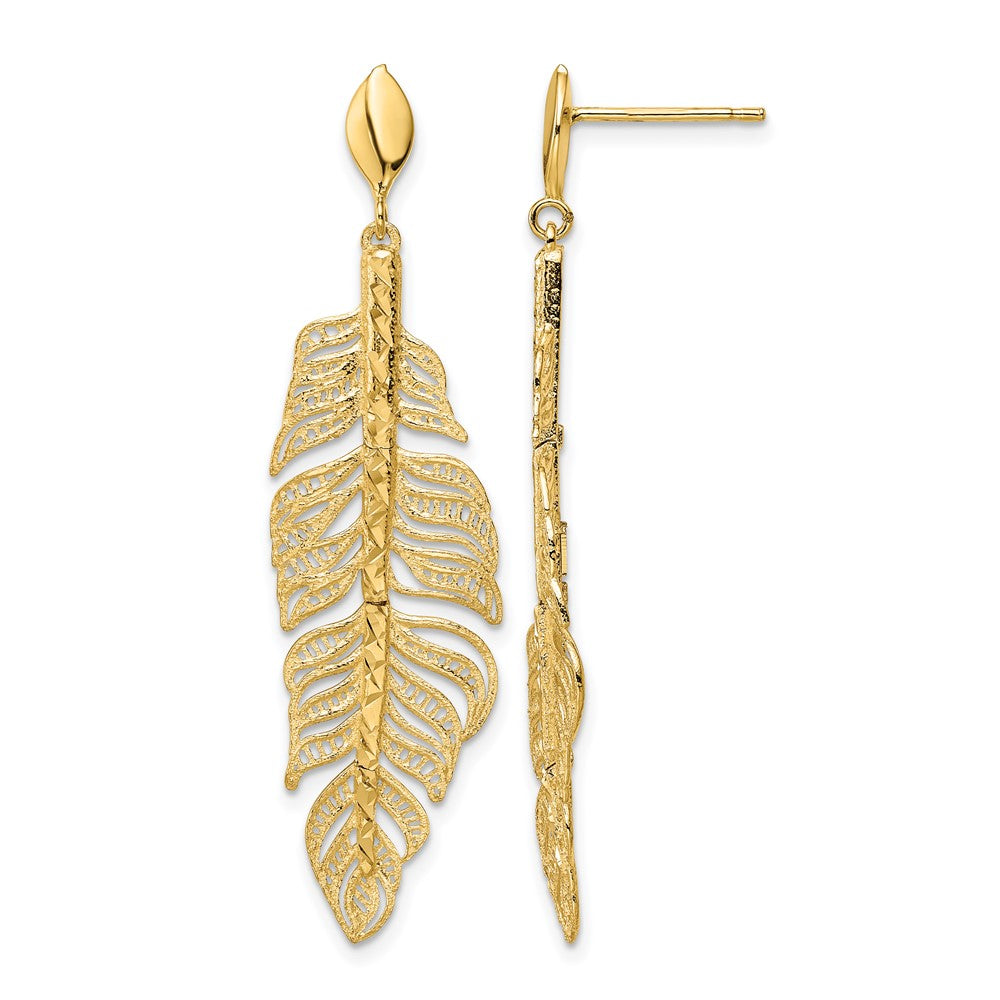 14K Yellow Gold Polished Diamond-Cut Textured Leaf Post Dangle Earrings