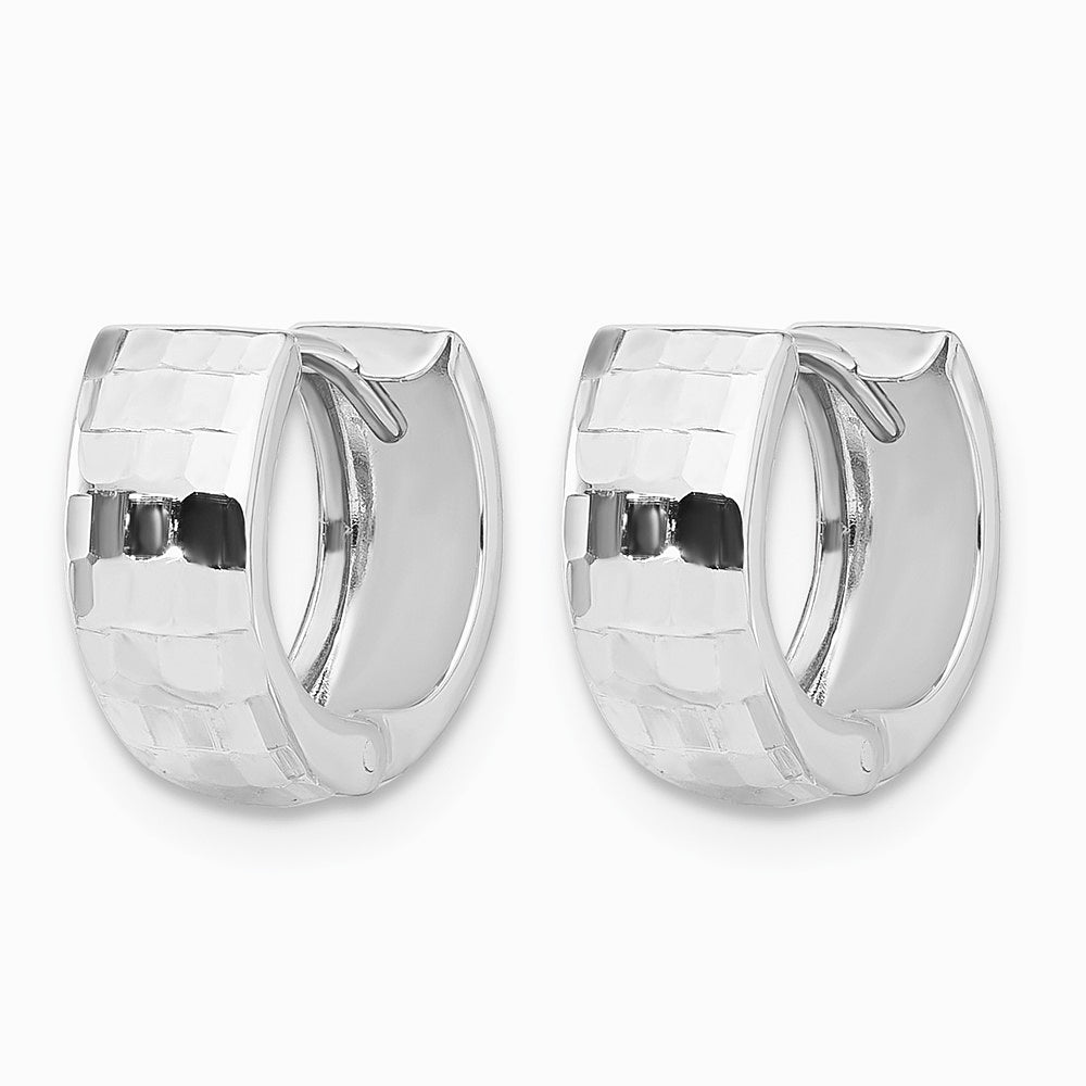 14K White Gold Polished and Diamond-cut Huggie Hoop Earrings - Product Photo