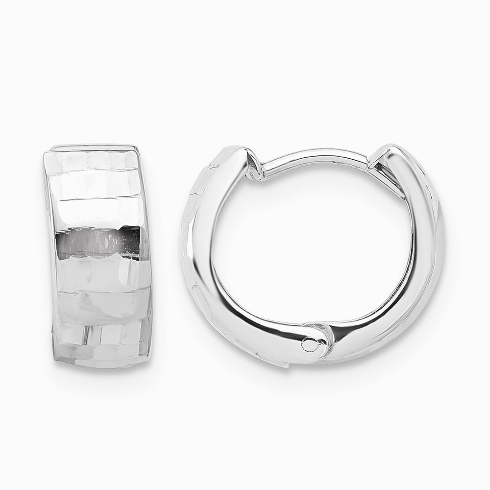 14K White Gold Polished and Diamond-cut Huggie Hoop Earrings - Product Photo