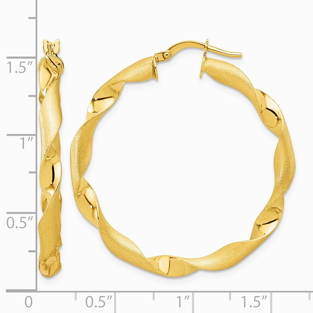 14K Yellow Gold Polished and Brushed Twisted Hoop Earrings - Product Photo