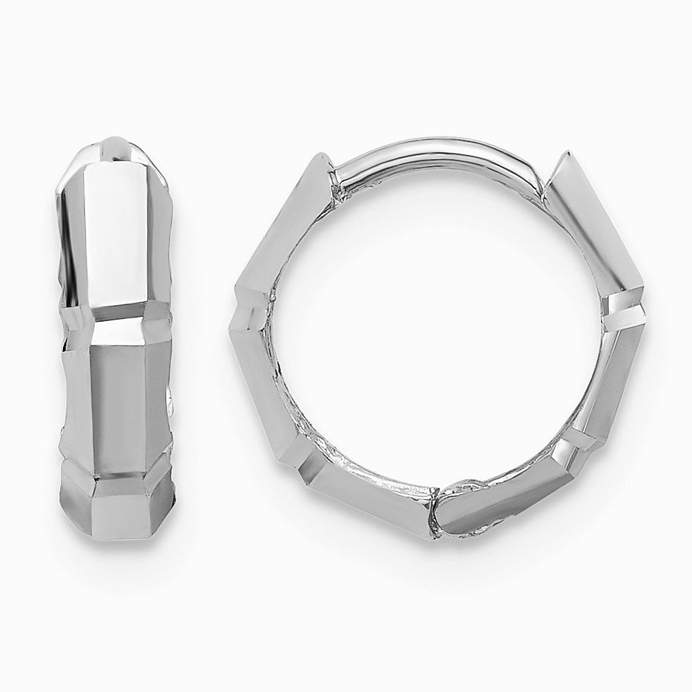 14K White Gold Polished/Diamond-cut Huggie Hoop Earrings - Product Photo