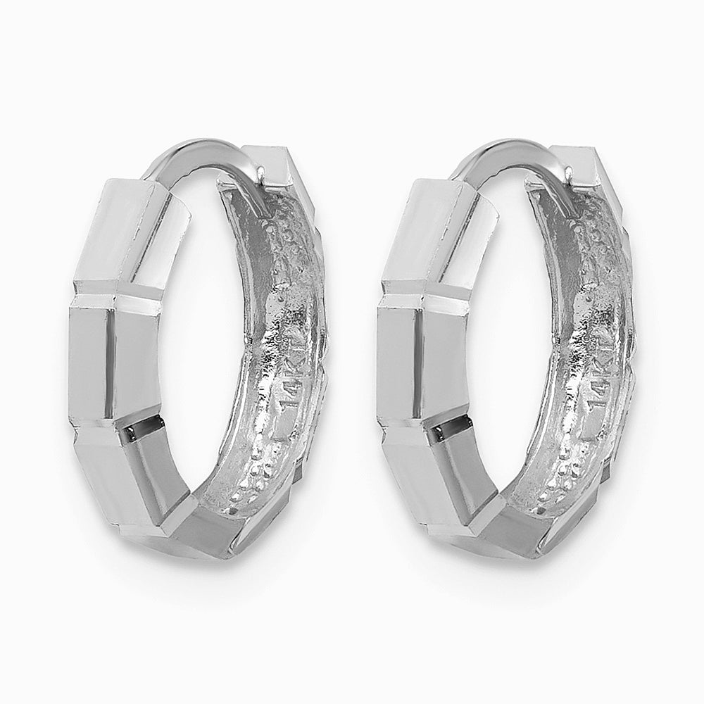 14K White Gold Polished/Diamond-cut Huggie Hoop Earrings - Product Photo