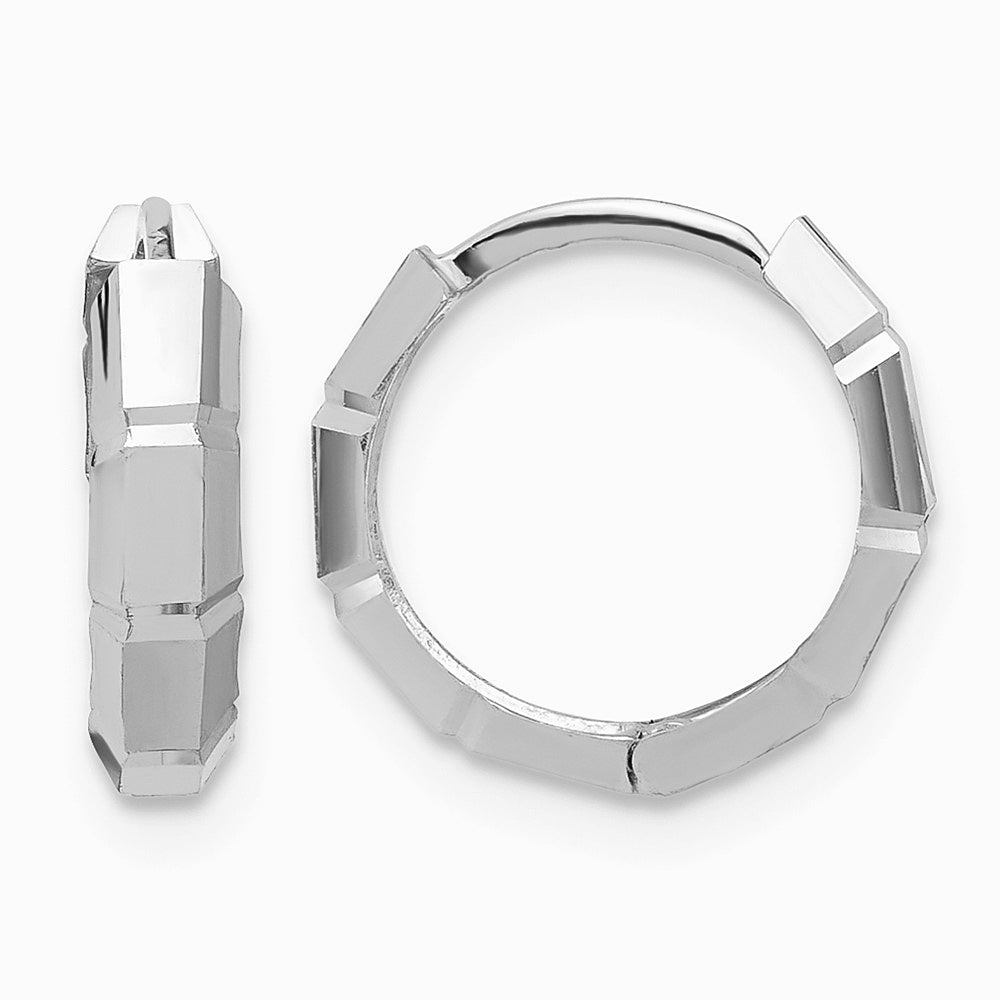 14K White Gold Polished/Diamond-cut Huggie Hoop Earrings - Product Photo