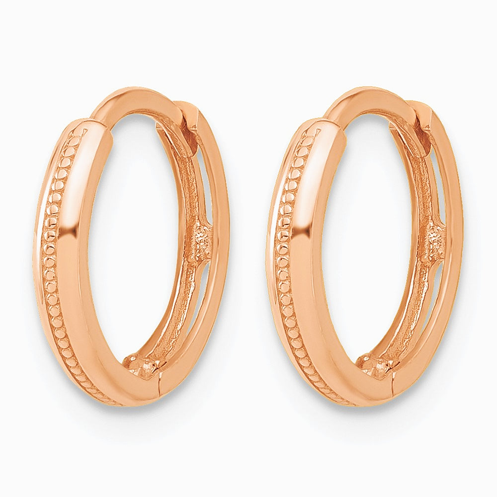 14K Rose Gold Polished and Textured Huggie Hoop Earrings - Product Photo