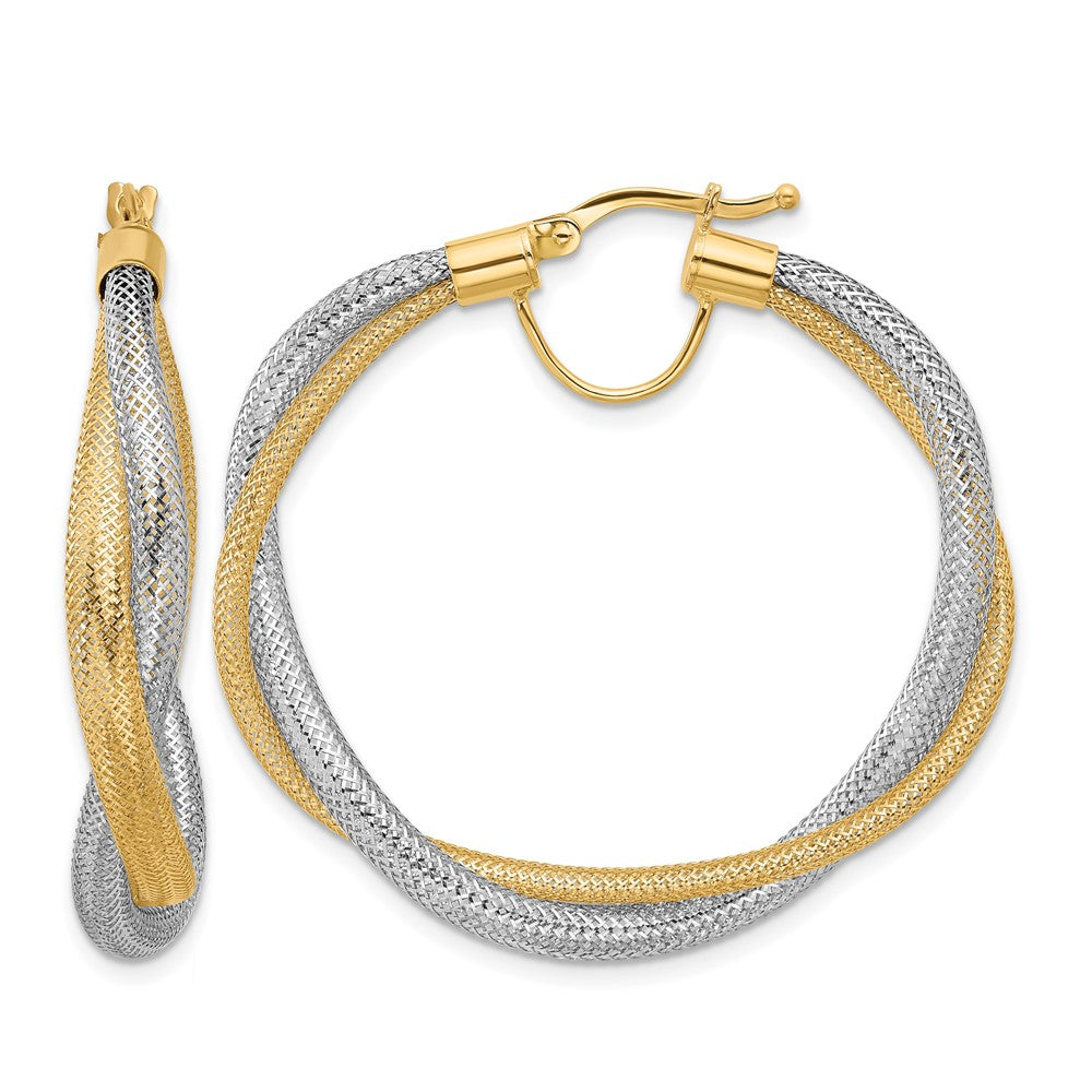 14K Yellow Gold with Rhodium Braided Mesh Stretch Hoop Earrings