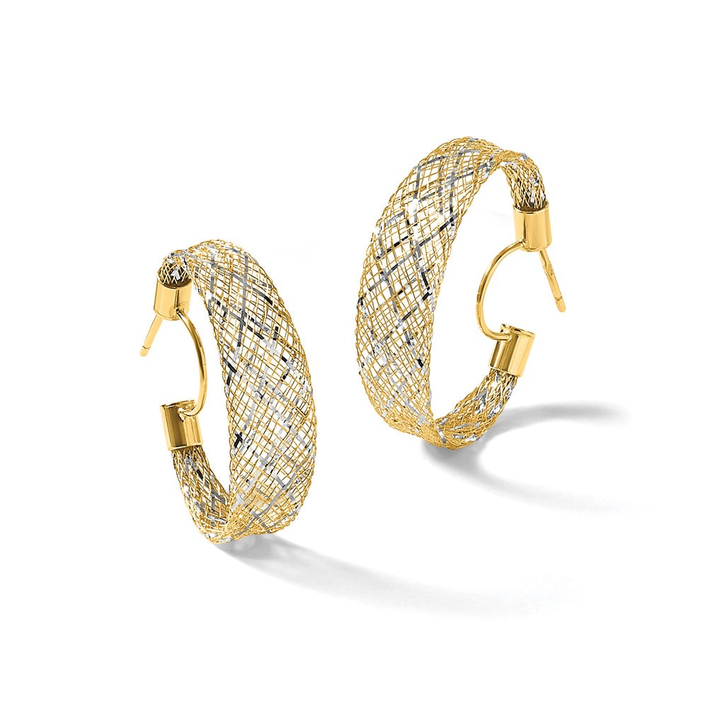14K Yellow & Rhodium with Rhodium Braided Mesh Stretch Post Hoop Earrings - Product Photo