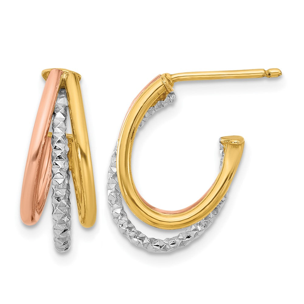 14K Yellow & Rhodium White RH/ Rose GP Textured 3 Row J-Hoop Post Earrings