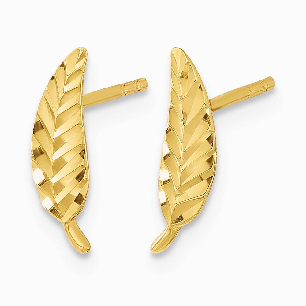 14K Yellow Gold Polished and Diamond-cut Leaf Post Earrings - Product Photo