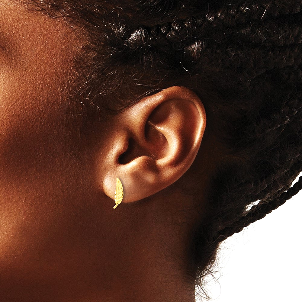 14K Yellow Gold Polished and Diamond-cut Leaf Post Earrings - Product Photo