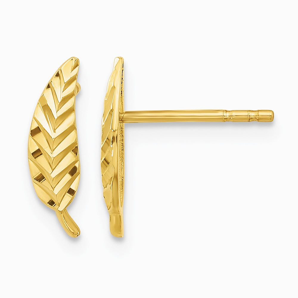 14K Yellow Gold Polished and Diamond-cut Leaf Post Earrings - Product Photo