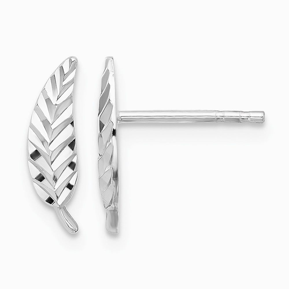 14K White Gold Polished and Diamond-cut Leaf Post Earrings - Product Photo