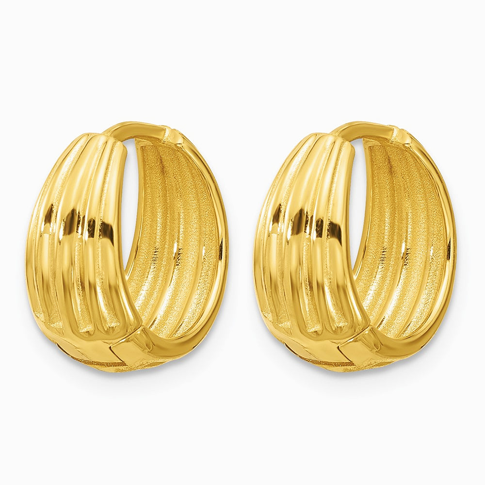 14K Yellow Gold Polished/Grooved Round Huggie Hoop Earrings - Product Photo