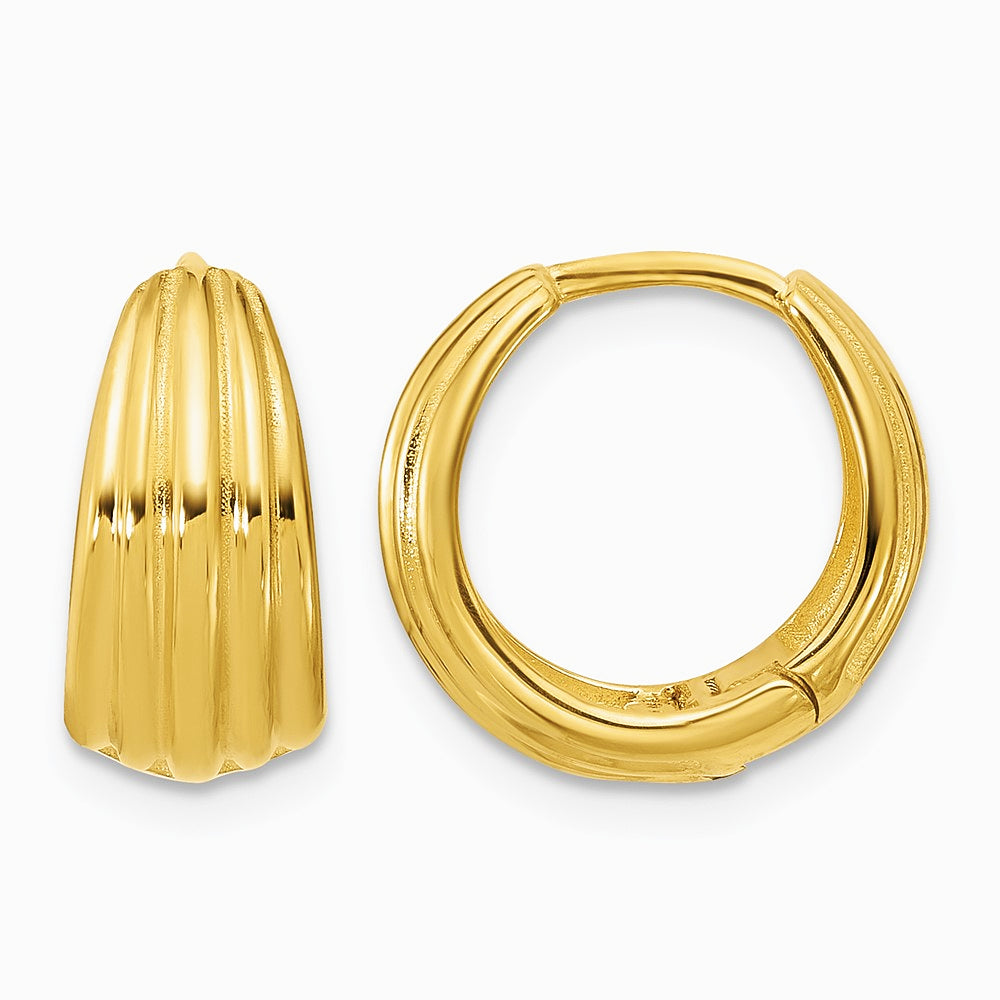 14K Yellow Gold Polished/Grooved Round Huggie Hoop Earrings - Product Photo